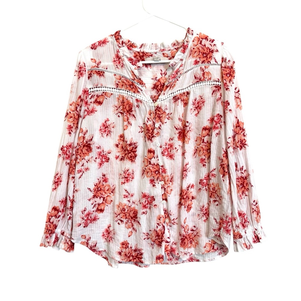 2/$30 LOFT Floral Blouse Medium White Coral Pink Boho Ruffle Neck Cotton Top - Picture 2 of 9
